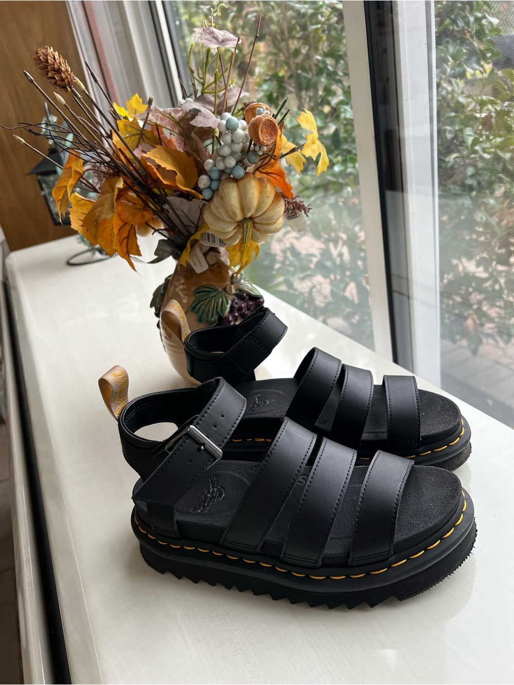 Dr. Martens Black Leather Platform Sandals with Yellow Stitching
